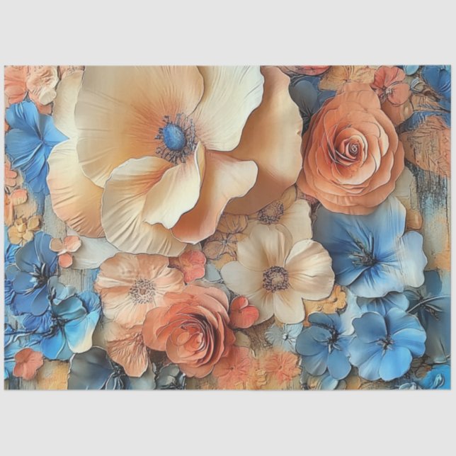 Decoupage Elegant Pastel Flowers Blue Peach Cream Tissue Paper (Front)
