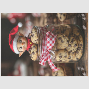 Decoupage Elf Atop a Chocolate Cookie Jar Tissue Paper