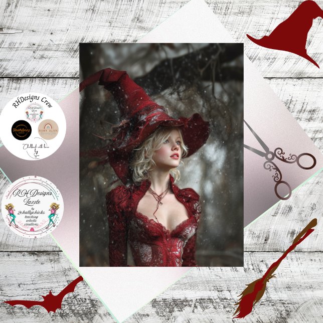 Decoupage Fantasy Witch Dressed in Red Winter  Tissue Paper (Creator Uploaded)