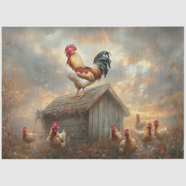 Decoupage Farm Rooster on Shed Vibrant Plumage Tissue Paper (Front)