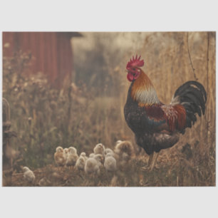 Decoupage Farm Rooster With Chicks Field Red Barn  Tissue Paper