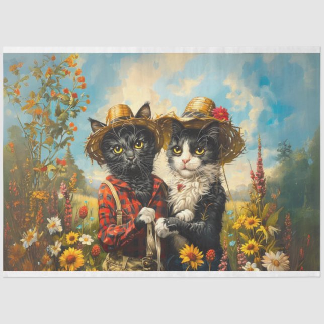 Decoupage Farmer Mr. & Mrs. Cat Rusty and Daisy Tissue Paper (Front)