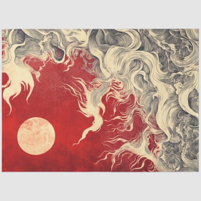Decoupage Faux Japanese Sun & Red White Swirls  Tissue Paper (Front)