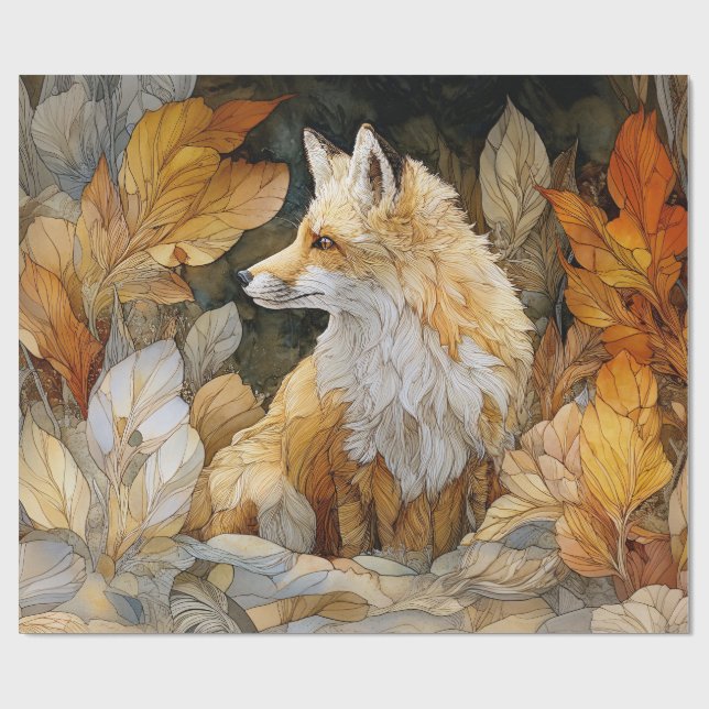 Decoupage Fox with Autumn Leaves Art Nouveau Wrapping Paper (Flat)
