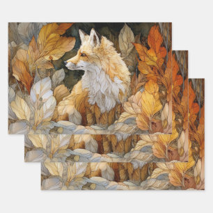 Decoupage Fox with Autumn Leaves Art Nouveau Wrapping Paper Sheet