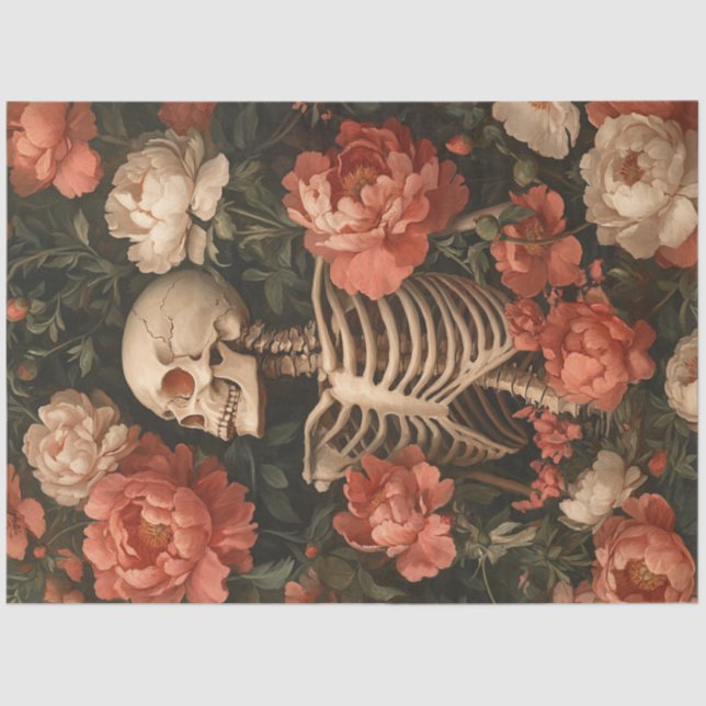 Decoupage Gothic Grace Skeleton Peach Cream Flower Tissue Paper (Front)