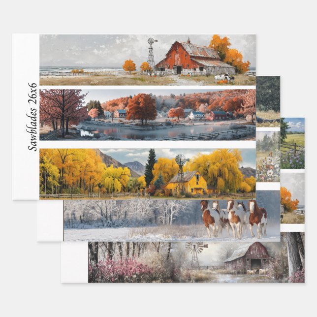 Decoupage Handsaw Designs Red Barn, Yellow Barn,  Wrapping Paper Sheet (Set)