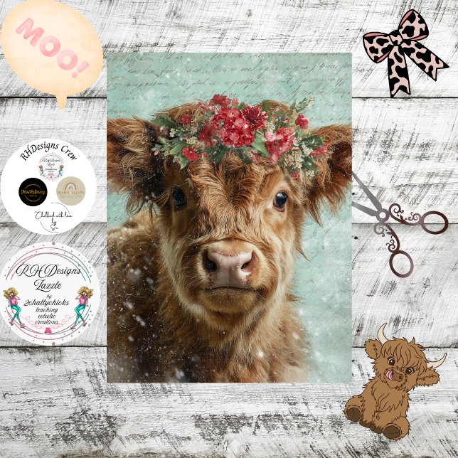 Decoupage Highland Calf Christmas Scene Snowing  Tissue Paper (Creator Uploaded)