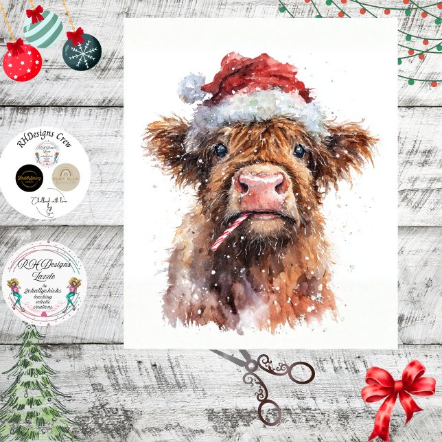 Decoupage Highland Calf Santa Hat Candy Cane Snow  Tissue Paper (Creator Uploaded)