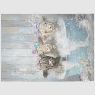 Decoupage Highland Calves In Bubble Bath Blue Tub Tissue Paper