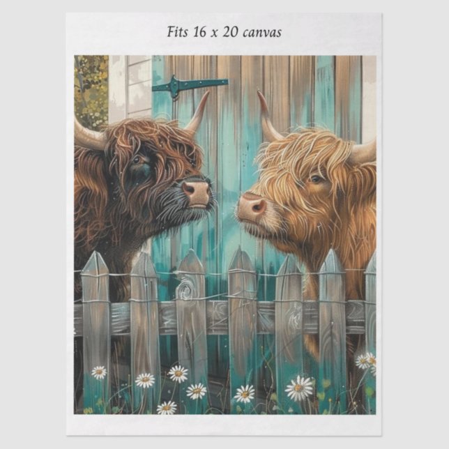 Decoupage Highland Calves Rustic Barn 16x20 Canvas Tissue Paper (Front)