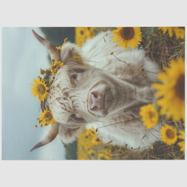 Decoupage Highland Cow Field Sunflowers  Tissue Paper (Front)