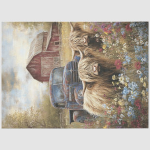 Decoupage Highland Cows Blue Truck Red Barn Tissue Paper