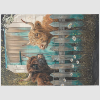 Decoupage Highland Cows Front of Teal Barn  Tissue Paper