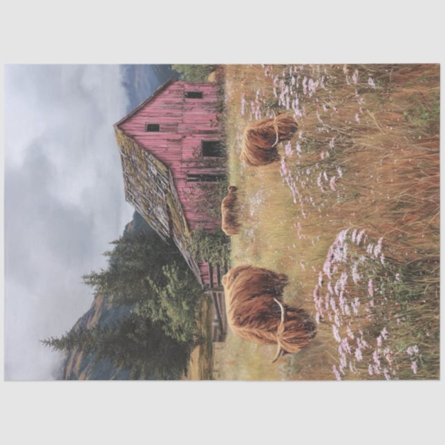 Decoupage Highland Cows Lush Fields Pink Barn  Tissue Paper (Front)