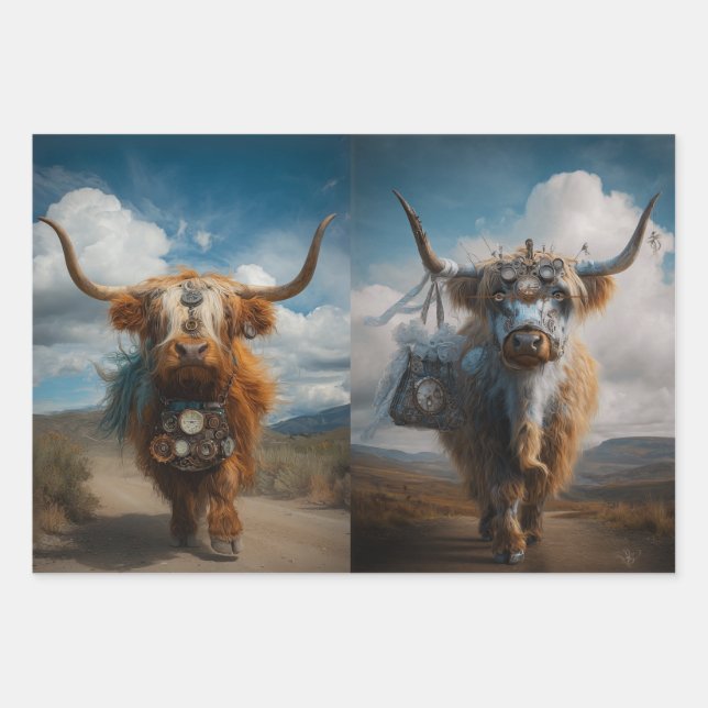 Decoupage Highland Haute Couture Steampunk Cows Wrapping Paper Sheet (Front)