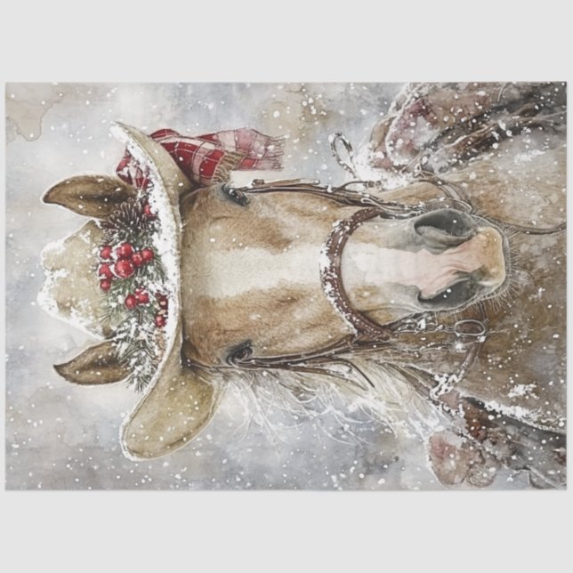 Decoupage Horse wearing Cowboy Hat Winter Scene Tissue Paper (Front)