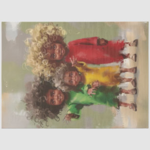 Decoupage Joyful Curly Headed Children in Red Tissue Paper