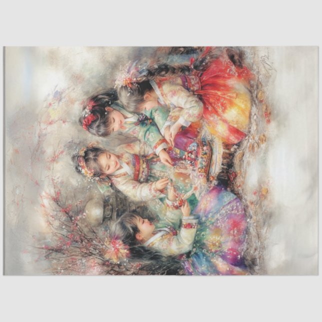 Decoupage Korean Children Dressed In Hanbok Tissue Paper (Front)