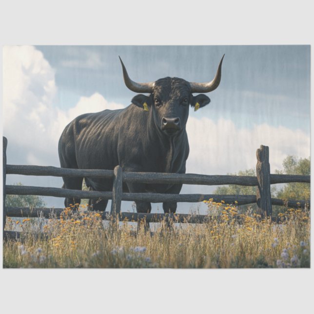 Decoupage Large Black Brahman Bull in Field  Tissue Paper (Front)