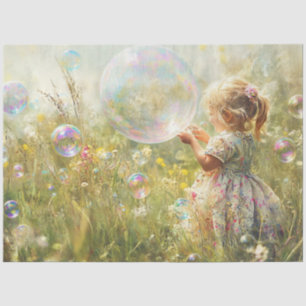 Decoupage Lil Girl Chasing Bubbles Field a Flowers Tissue Paper