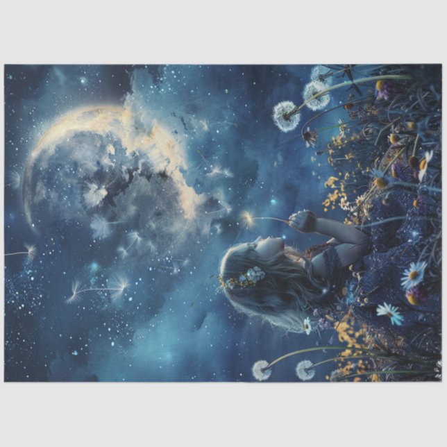 Decoupage Little Girl Field Dandelions & Moon  Tissue Paper (Front)