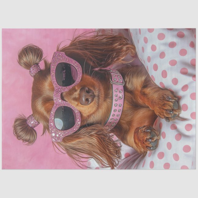 Decoupage Longhaired Dachshund in PINK  Tissue Paper (Front)