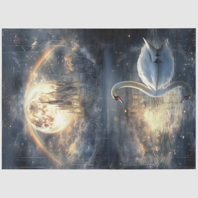 Decoupage Magical Swan Dramatic Sky Moon Tissue Paper (Front)