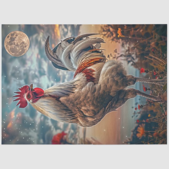 Decoupage Majestic Rooster Vibrant Night Sky Moon  Tissue Paper (Front)