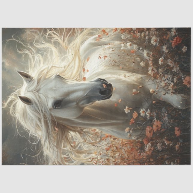 Decoupage Majestic White Horse Field of Flowers  Tissue Paper (Front)