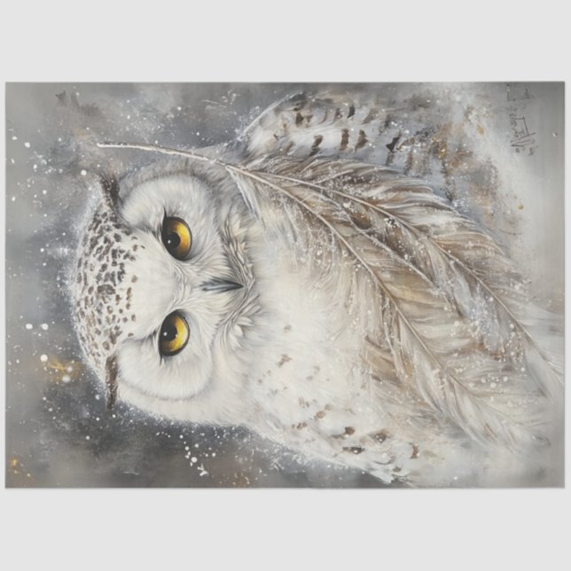 Decoupage Majestic White Owl Snow Elements Tissue Paper (Front)