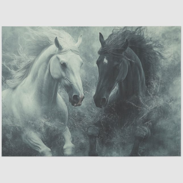 Decoupage Mystical Black White Horse Powerful  Tissue Paper (Front)