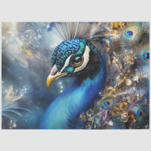 Decoupage Mystical Peacock in Blue Beige Gold Hues Tissue Paper