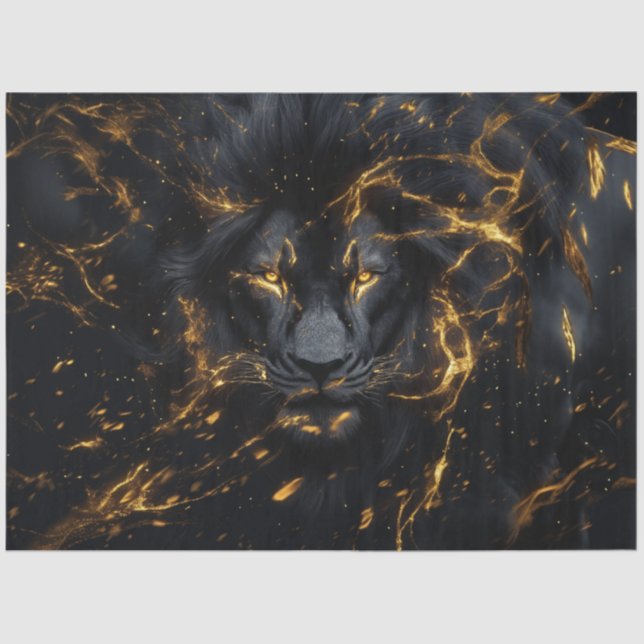 Decoupage Mystical Pitch Black Lion with Gold Tissue Paper (Front)