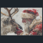 Decoupage Mystical Santa & Rudolph Nose to Nose Tissue Paper<br><div class="desc">The image depicts a person dressed in a traditional Santa Claus costume, seated in an ornate chair. The costume includes a red suit with white fur trim, a black belt with a gold buckle, and black boots. The individual is wearing white gloves and has a full white beard. Next to...</div>