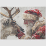 Decoupage Mystical Santa & Rudolph Nose to Nose Tissue Paper<br><div class="desc">The image depicts a person dressed in a traditional Santa Claus costume, seated in an ornate chair. The costume includes a red suit with white fur trim, a black belt with a gold buckle, and black boots. The individual is wearing white gloves and has a full white beard. Next to...</div>