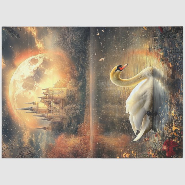 Decoupage Night Scene Moon Castle Swan in Lake  Tissue Paper (Front)