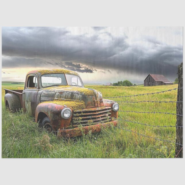 Decoupage Nostalgic Rusty Red Truck Old Barn Tissue Paper (Front)