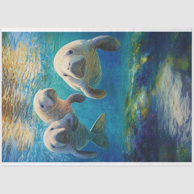 Decoupage Ocean View Manatee Family  Tissue Paper (Front)