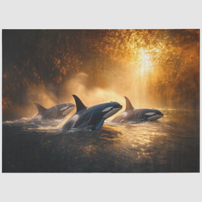 Decoupage Orcas Whale Sunset Ocean Scene Tissue Paper (Front)