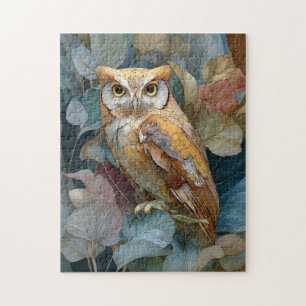 Decoupage Owl with Leaves Art Nouveau Jigsaw Puzzle