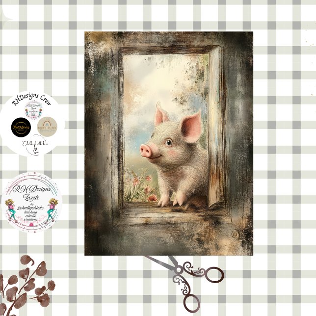 Decoupage Piglet in Rustic Window Story Book  Tissue Paper (Creator Uploaded)