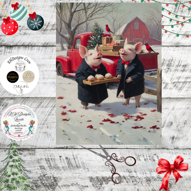 Decoupage Piglets Celebrating Christmas on Farm  Tissue Paper (Creator Uploaded)