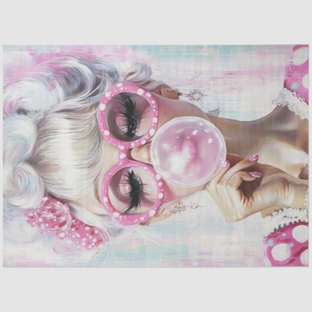 Decoupage Pop Art Fashion Girl Hot Pink Bubble Gum Tissue Paper (Front)