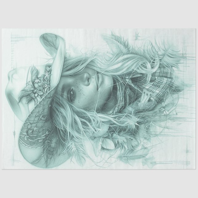 Decoupage Portrait Design Monochromatic Cowgirl  Tissue Paper (Front)