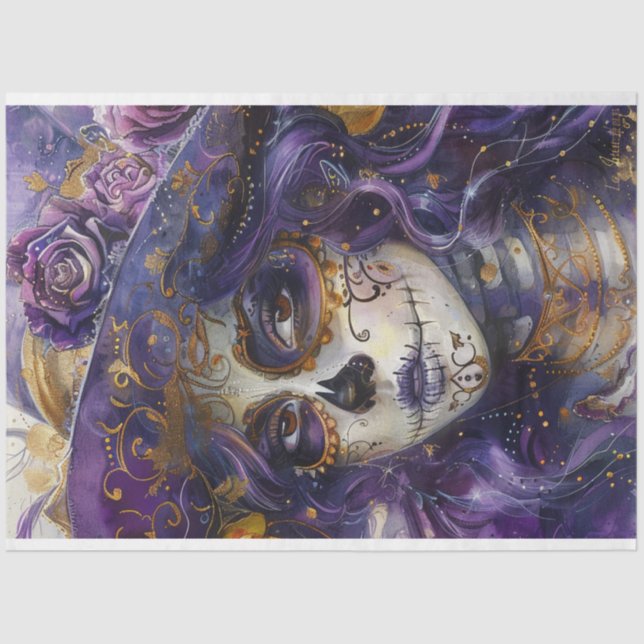 Decoupage Purple Day of the Dead Lady  Tissue Paper (Front)
