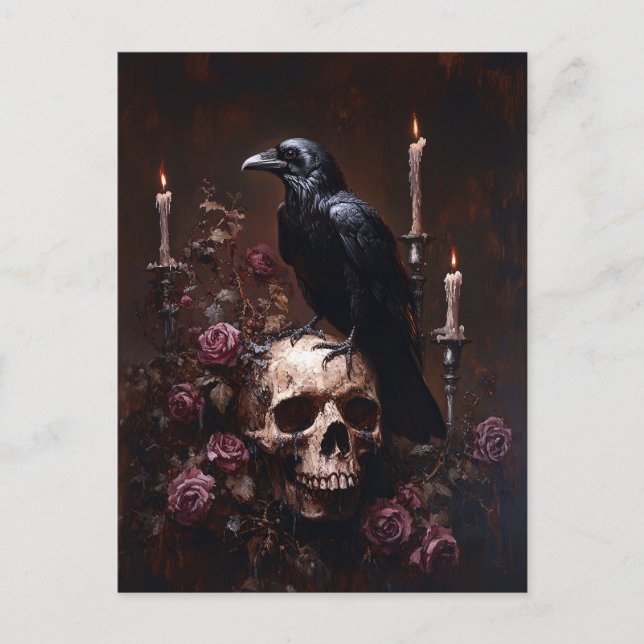 Decoupage Raven on Skull with Candles Postcard (Front)