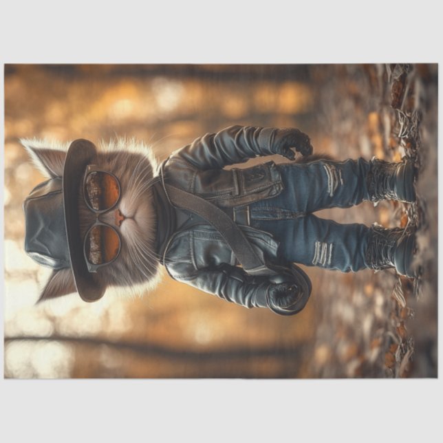 Decoupage Rebellious Cat Leather Jacket is Thug Tissue Paper (Front)