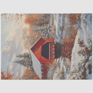Decoupage Red Covered Bridge Winter Scene  Tissue Paper