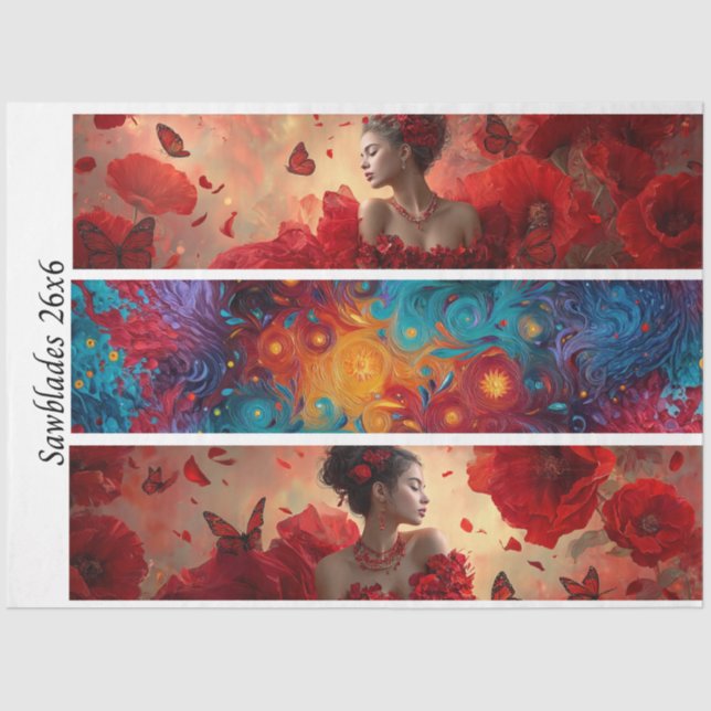 Decoupage Red Poppy Butterfly Woman Cosmic Handsaw Tissue Paper (Front)